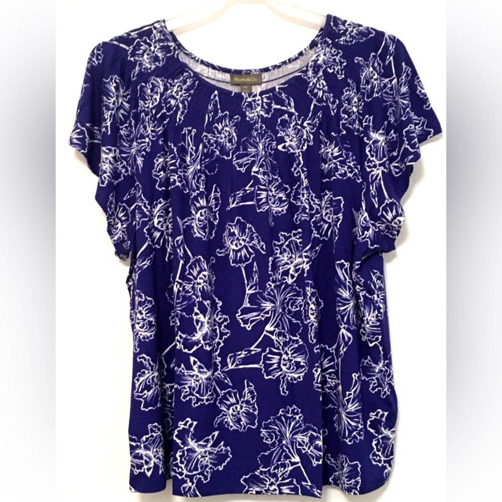 Style & Co Womens Size XXL Blue Iris Round Neck Smock Knit Pleat Short Sleeve